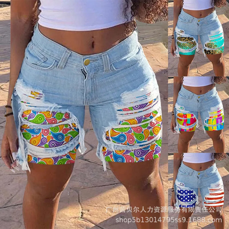 Casual Slim Knee Length Patchwork Denim Shorts for Women