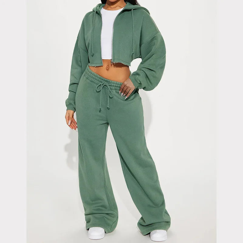 Hooded Cropped Sweatshirt And Long Pants Set for Women