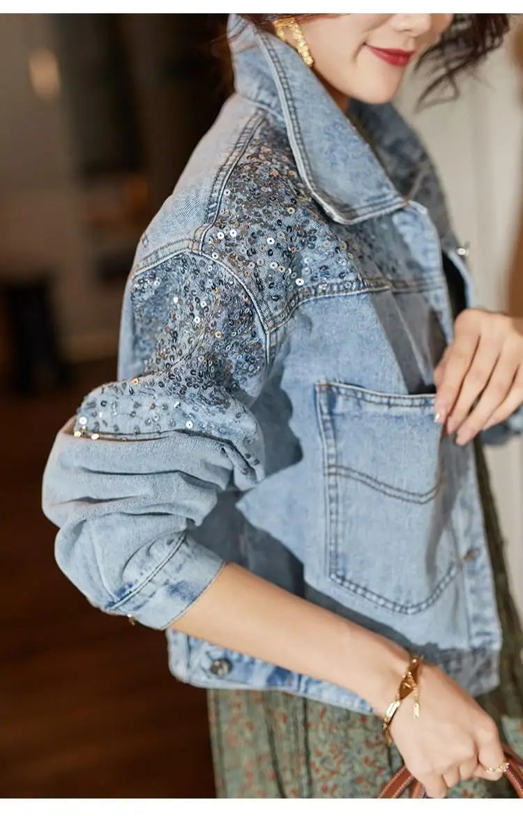 Sequin Embellished Short Denim Jacket for Women with Pockets