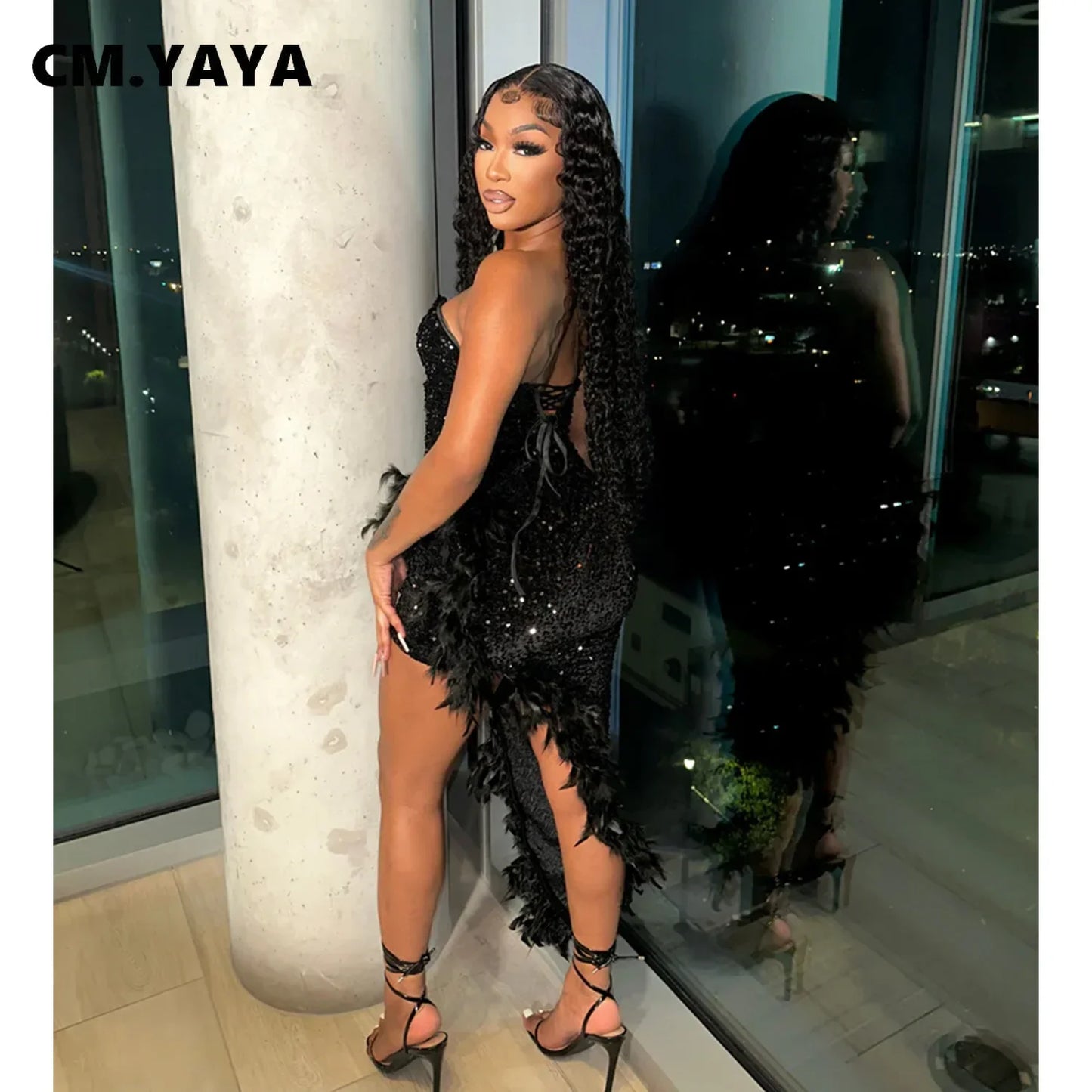 CM.YAYA Women Sequined Mesh Patchwork Strapless Feather Side High Side Split Maxi Dress 2023 Evening Sexy Long Dresses Vestidos