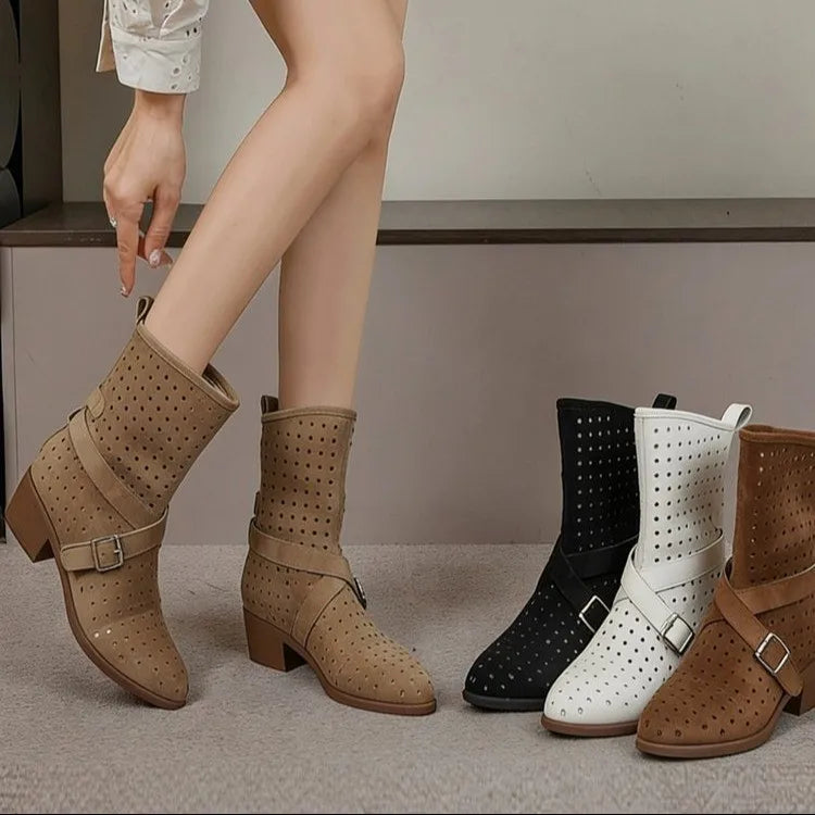 Brown Suede Western Cowboy Boots With Belt Buckle And Pointed Toe for Women