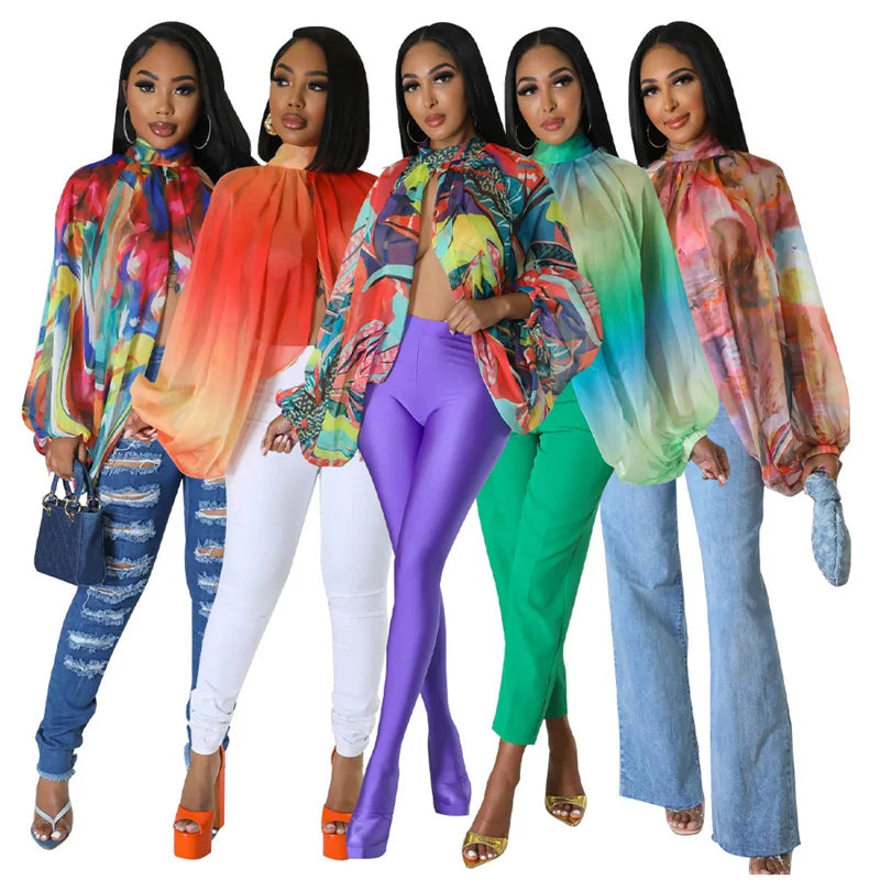 Printed Batwing Sleeve Chiffon Blouse With Sheer Front for Women