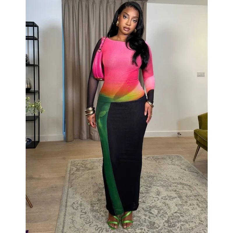 Long Sleeve Mesh Maxi Dress with Stripe Print for Women