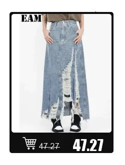 [EAM] Women Blue Pleated Hem Long Big Size Blouse New Stand Collar Long Sleeve Shirt Fashion Tide Spring Autumn 2025 1DH5707