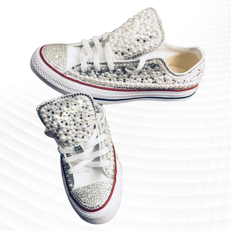 Handmade Pearl Rhinestone Low Top Canvas Shoes for Women