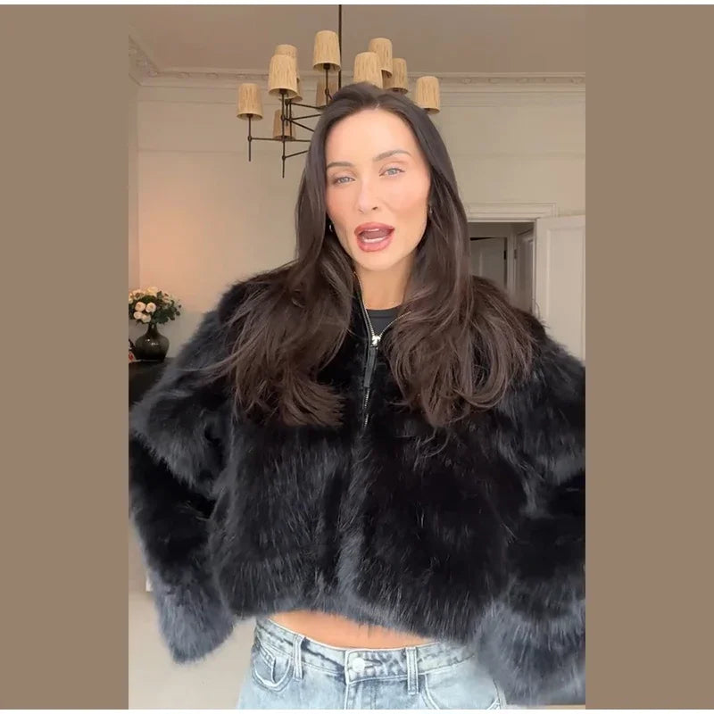 Winter Warm Hooded Faux Fur Long Sleeve Coat with Zipper for Women