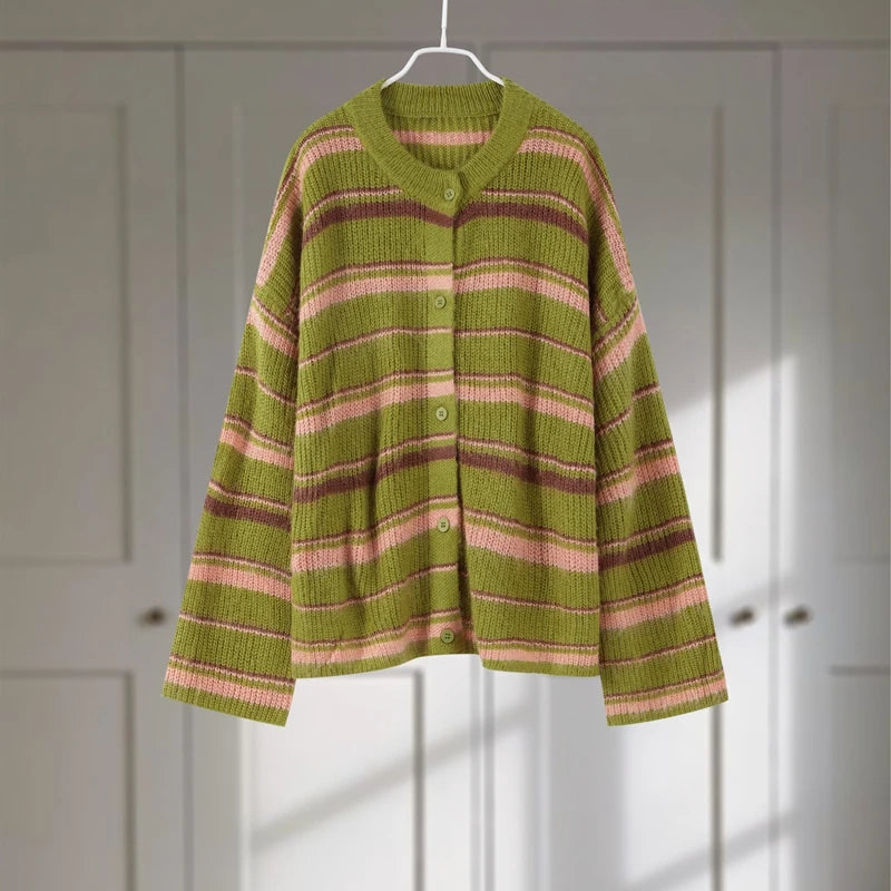 Vintage Printed Knit Stand Collar Zip Cardigan for Women