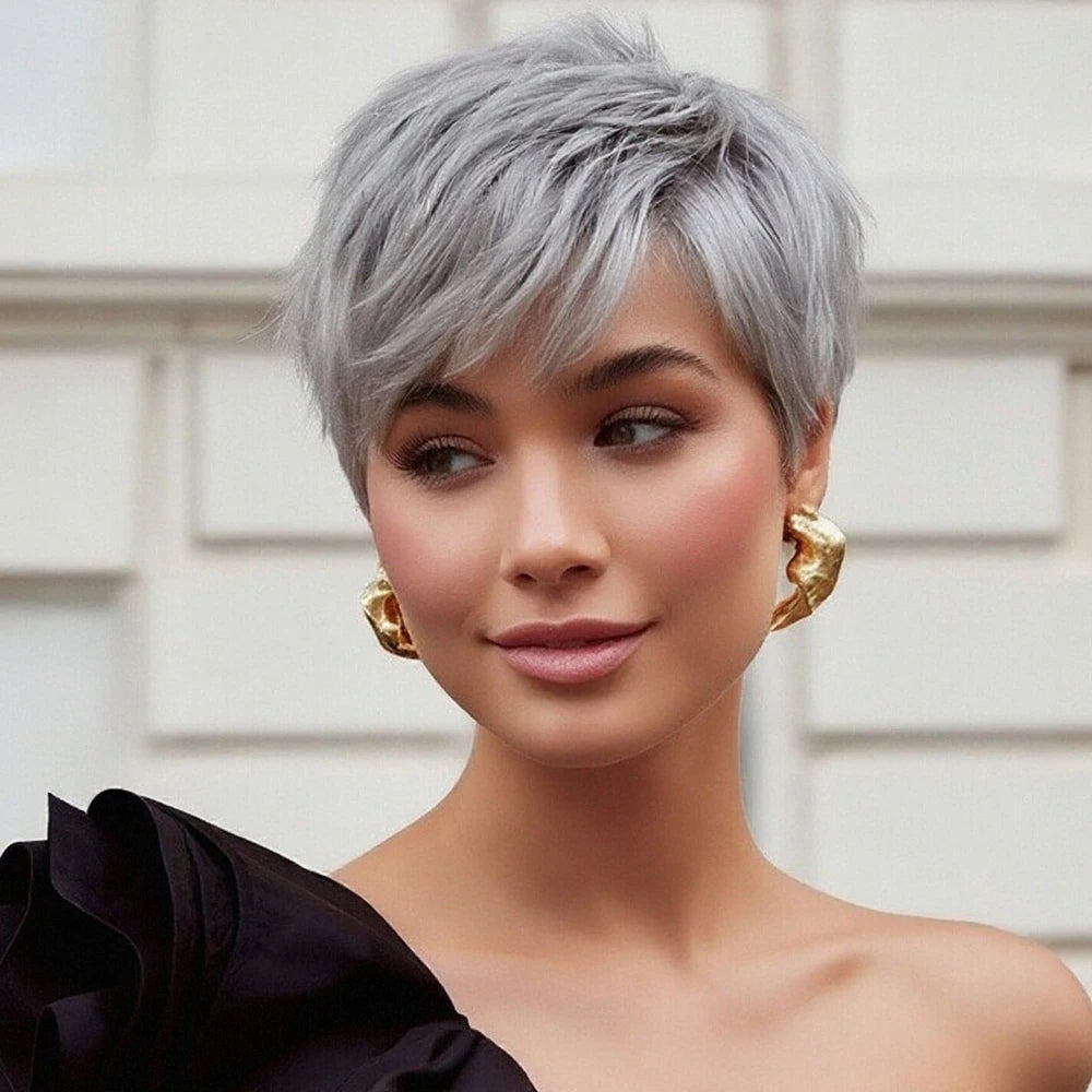 Gray Straight Layered Pixie Cut Human Hair Wig for Women