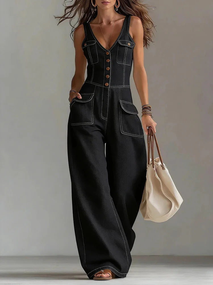 Retro V Neck High Waist Wide Leg Jumpsuit for Women