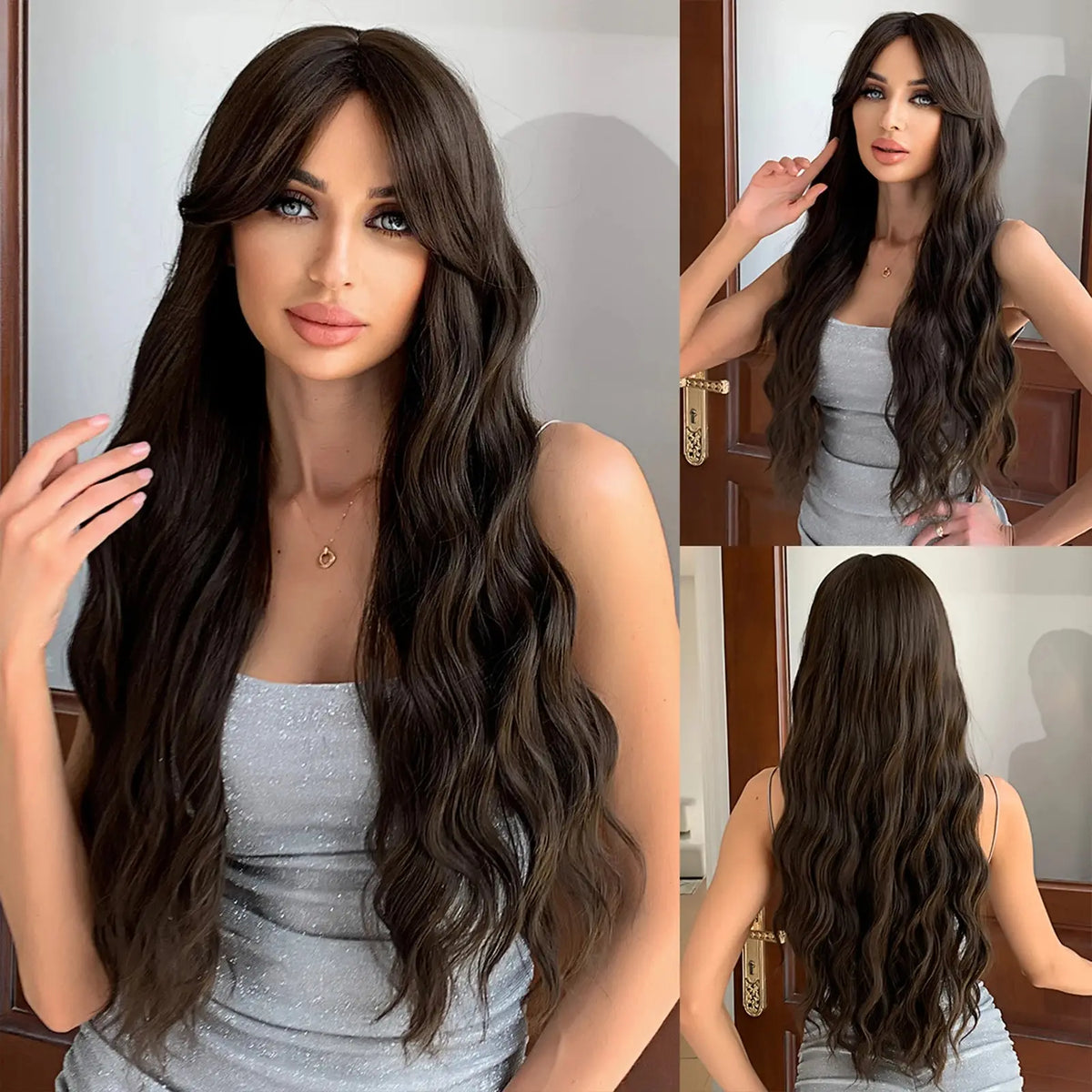 Long Water Wave Orange Synthetic Wig With Bangs for Women