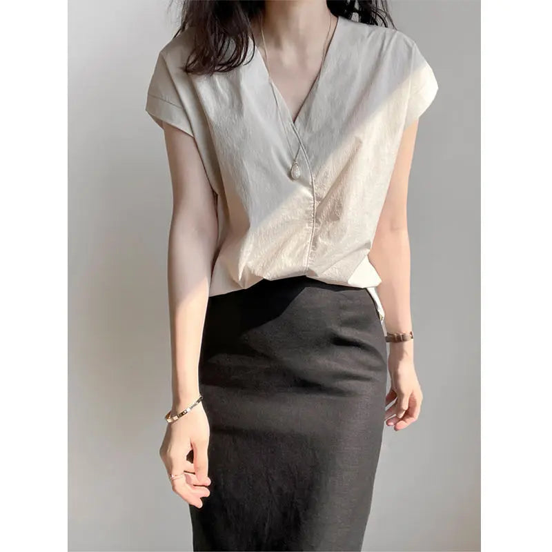 Shirts & Blouses For Women Half Sleeve Summer Loose Button Up Woman Top V Neck Simple Cheap Stylish Offer Aesthetic Hot Xl S Xxl