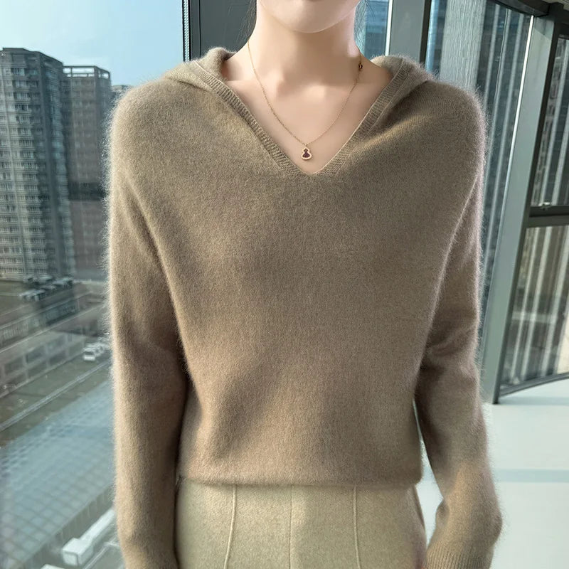Loose Fit Thick Knit Hooded V-Neck Sweater for Women