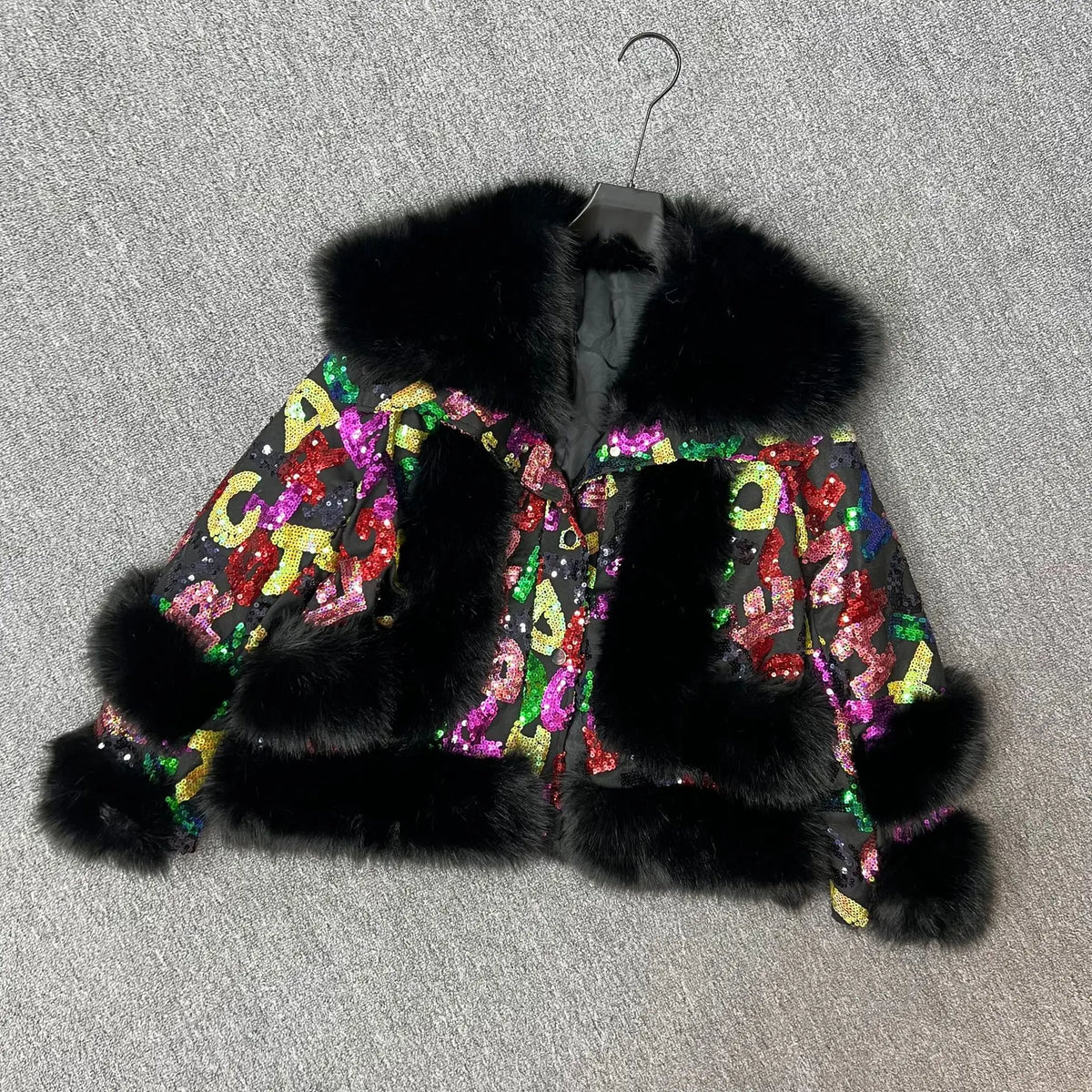 Purple Sequined Faux Fur Coat