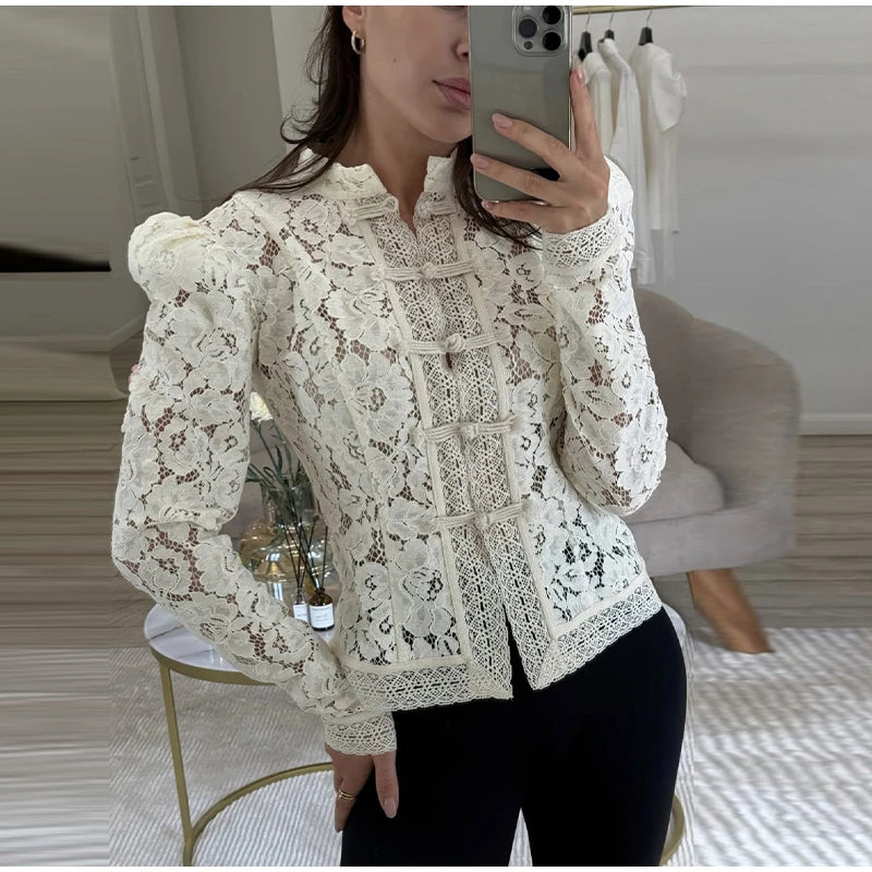 Elegant Embroidered Puff Sleeve Hollow Out Lace Blouse for Women