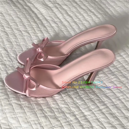 Pink Bow Mesh High Heels Round Toe Stiletto Heel Slip On Designer Brand Outside Solid Color Low Heel Girl Mules Girl Slippers