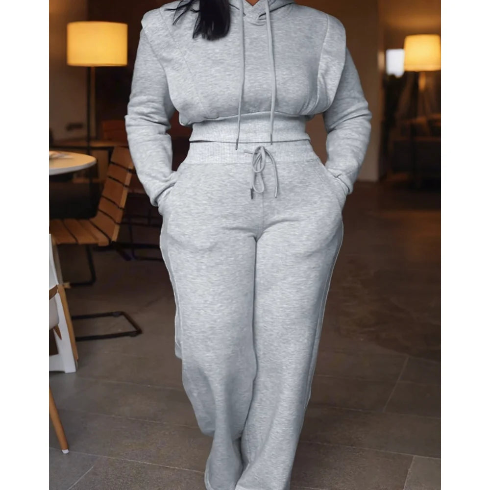 Elegant Two Pieces 	Tied Detail Hooded Long Sleeve Sweatshirt and Casual Wide Leg Sweatpants Set for Women Autumn Winter