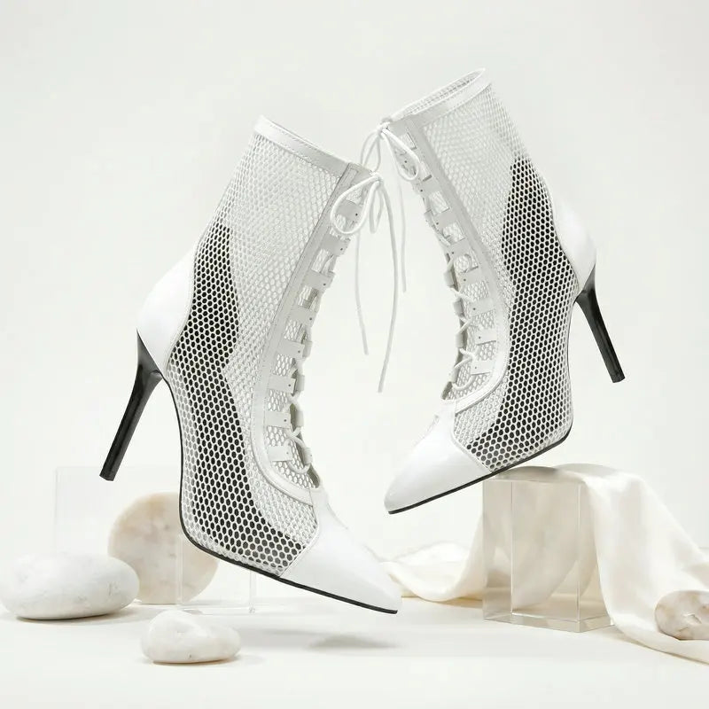 Breathable Mesh Pointy Toe Lace Up Thin Heel Ankle Boots for Women
