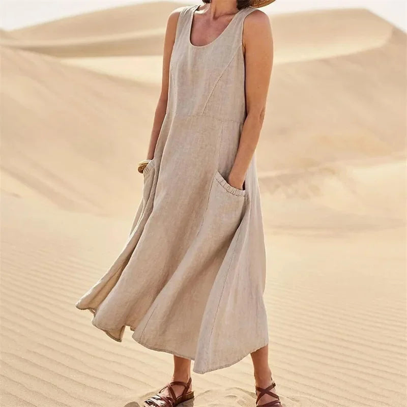 Casual Sleeveless Midi Dress With Side Pockets For Women
