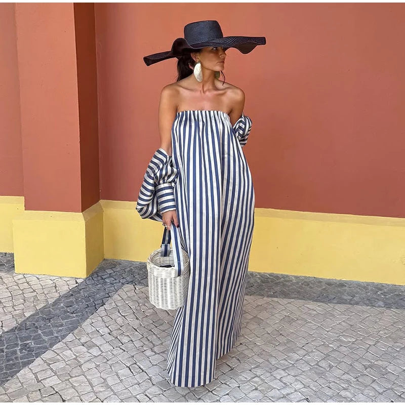 Striped Strapless Maxi Dress Set With Detachable Shawl for Women