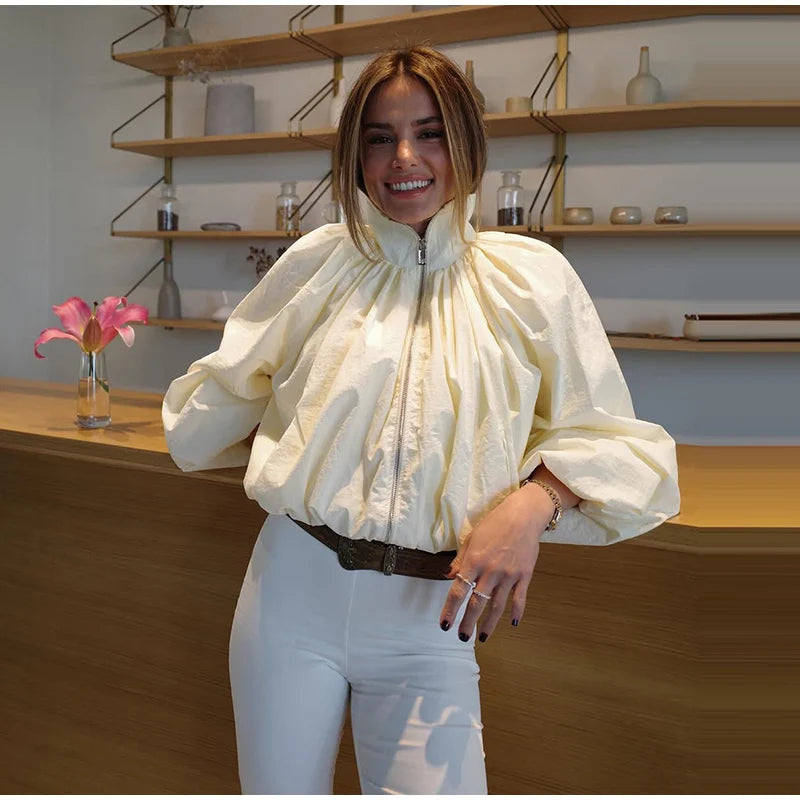 Zip Up High Neck Puff Sleeve Cropped Jacket For Women