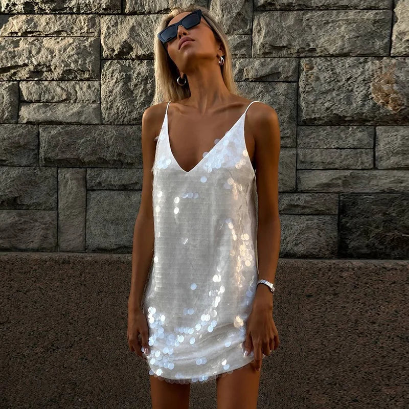 Chic Sequin Deep V Neck Backless Mini Dress For Women