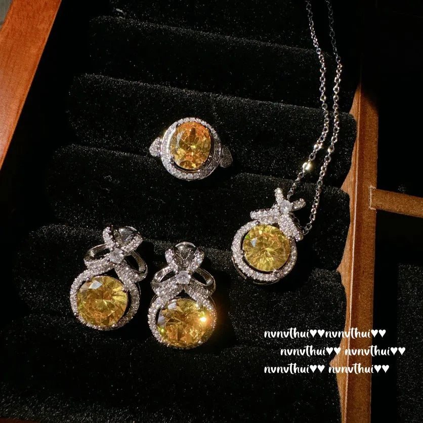 Round Cut Yellow Cubic Zirconia Bridal Jewelry Set for Women