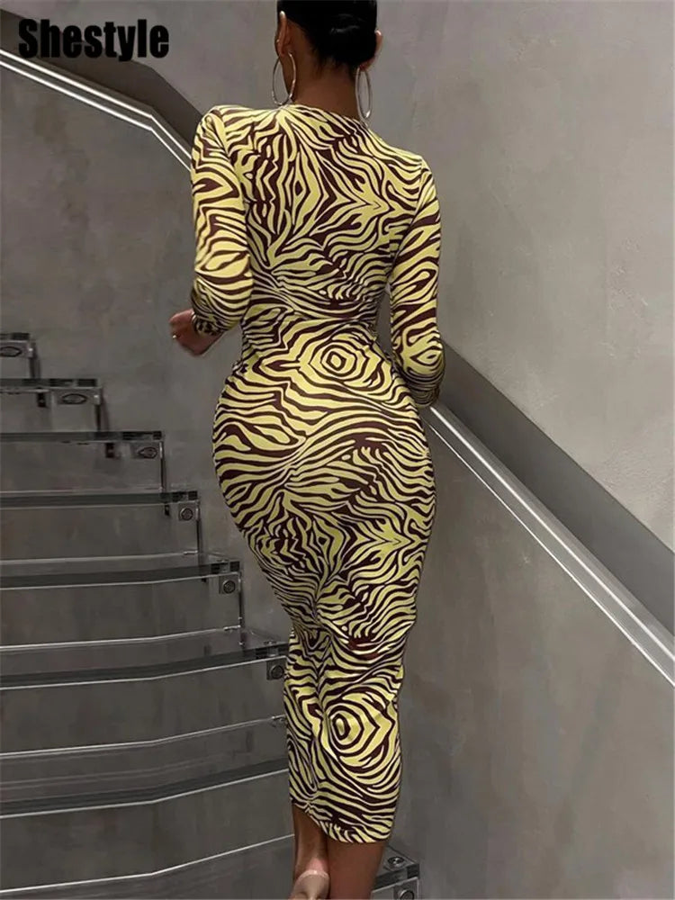 Zebra Print Hollow Out Bodycon Midi Dress for Women