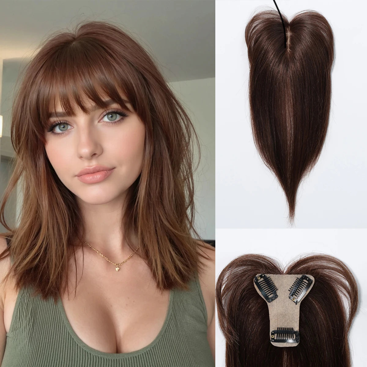 Brown Silk Base Clip In Remy Human Hair Toppers With Bangs For Women