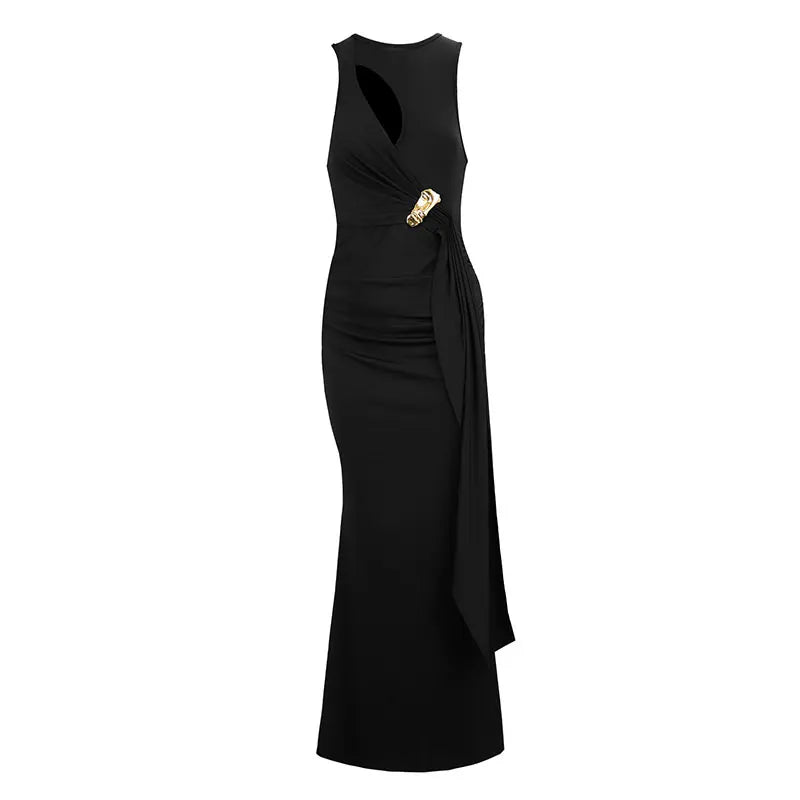 Black Sexy Women's Maxi Dresses Summer New Sexy Hollow Out Split Dress Streetwear Fashion Female Tank Sleeve Dresses Clothing