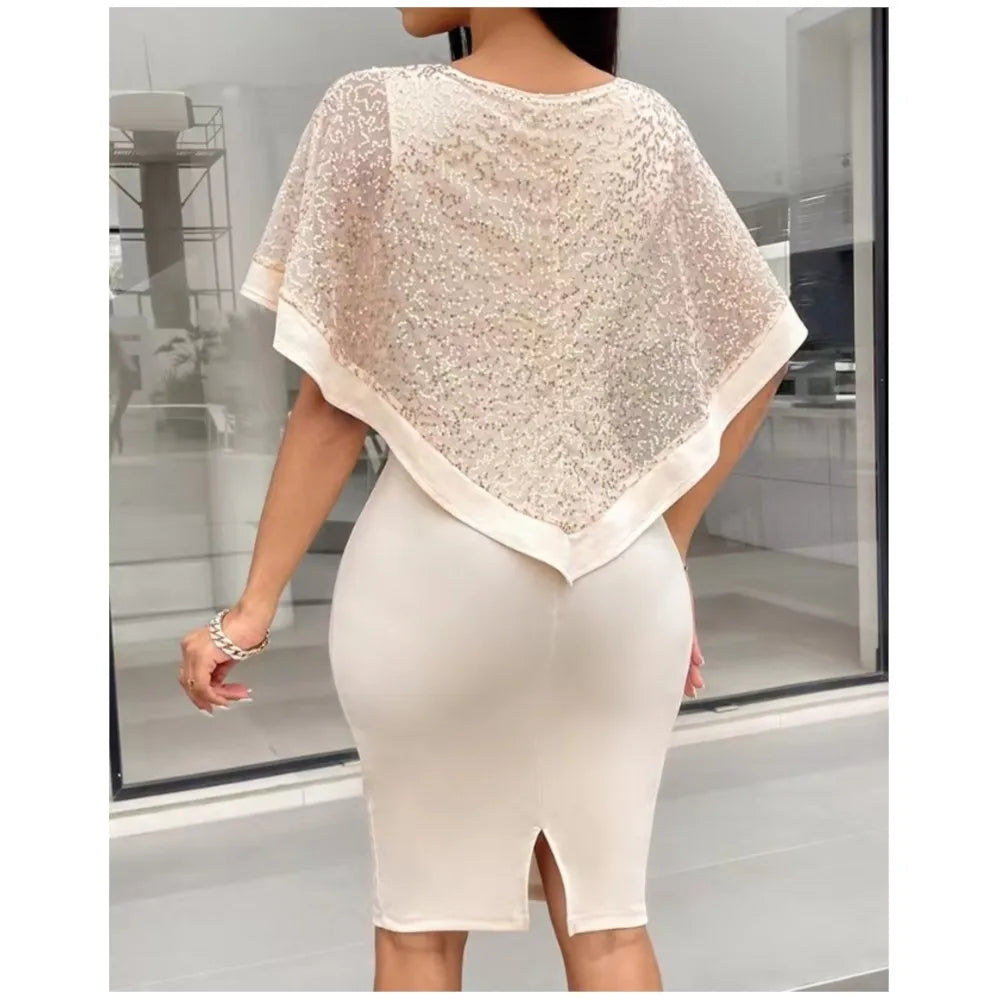 Sequin Short Sleeve Slim Fit Knee Length Dress for Women