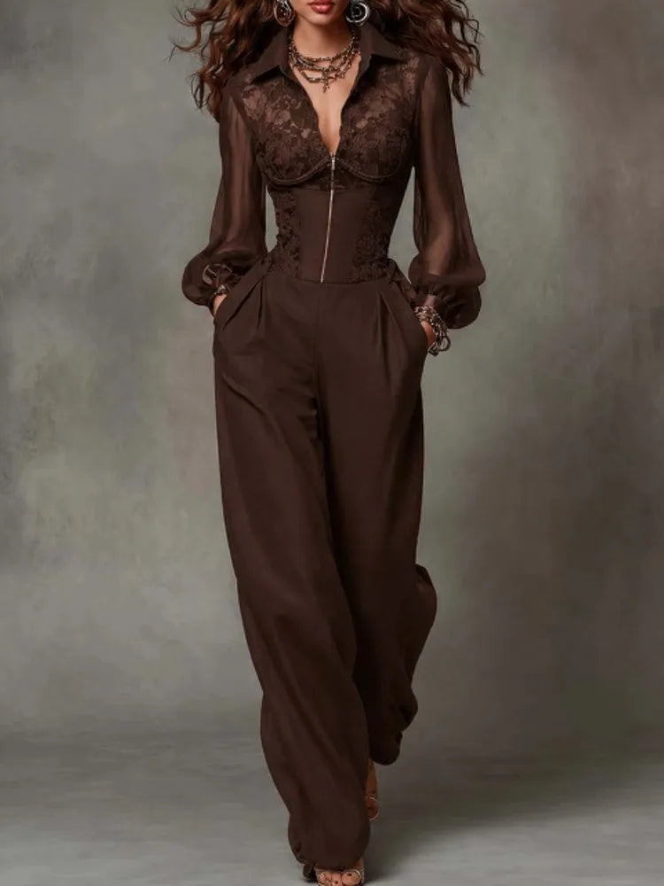 Lace Long Sleeve V-Neck Loose Fit Jumpsuit for Women