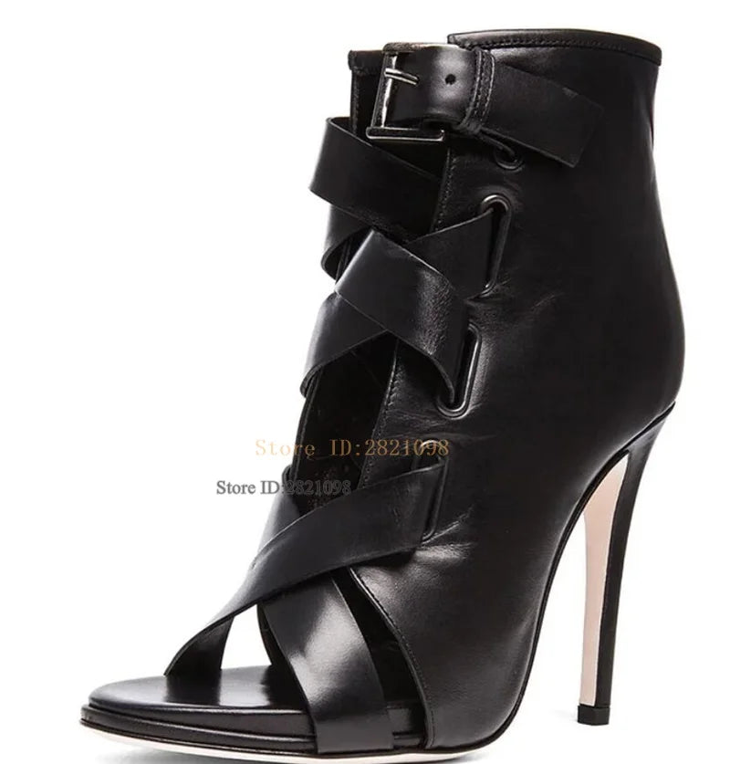 Strappy Buckle Peep Toe Leather Stiletto Booties for Women