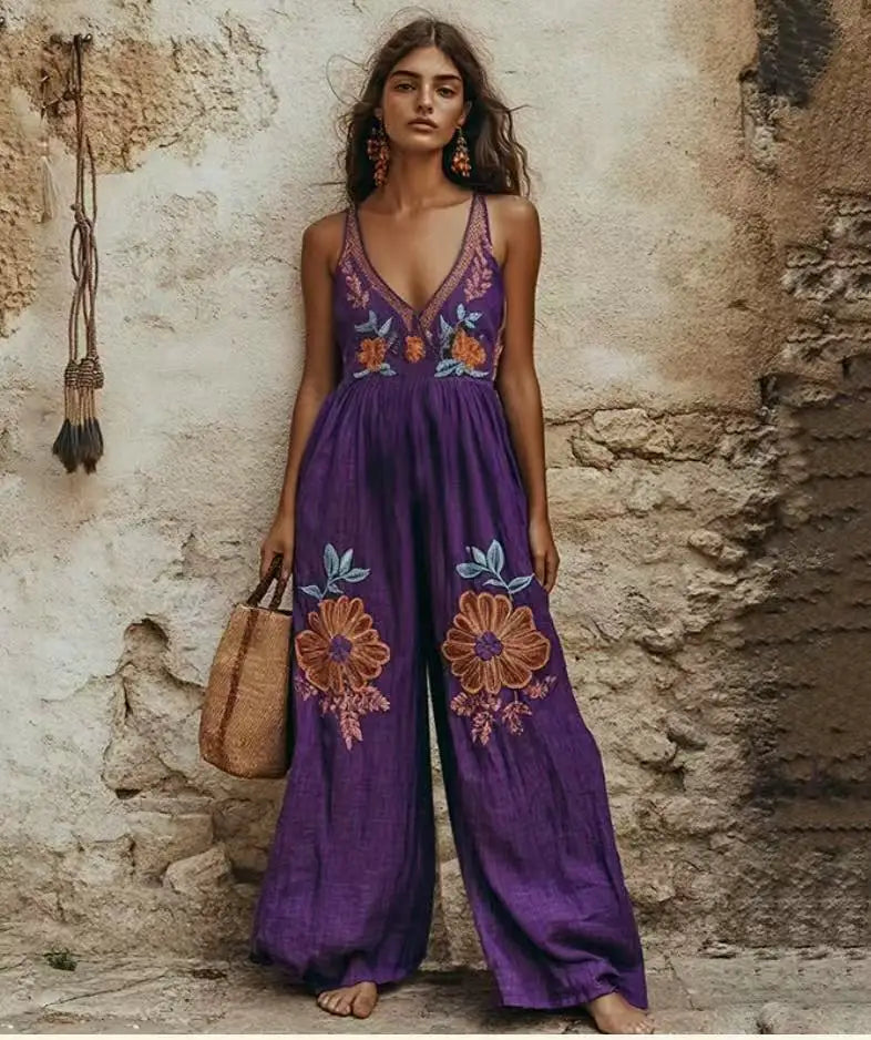 Casual Printed Loose Vneck Sleeveless Wide Leg Jumpsuit for Women