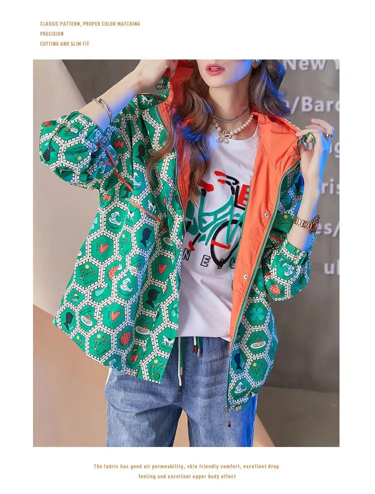 Women's Hooded Zipper Jacket, Casual Outerwear, Loose Tops, Print Doodle Coats, Female Clothing, Autumn, Winter, New