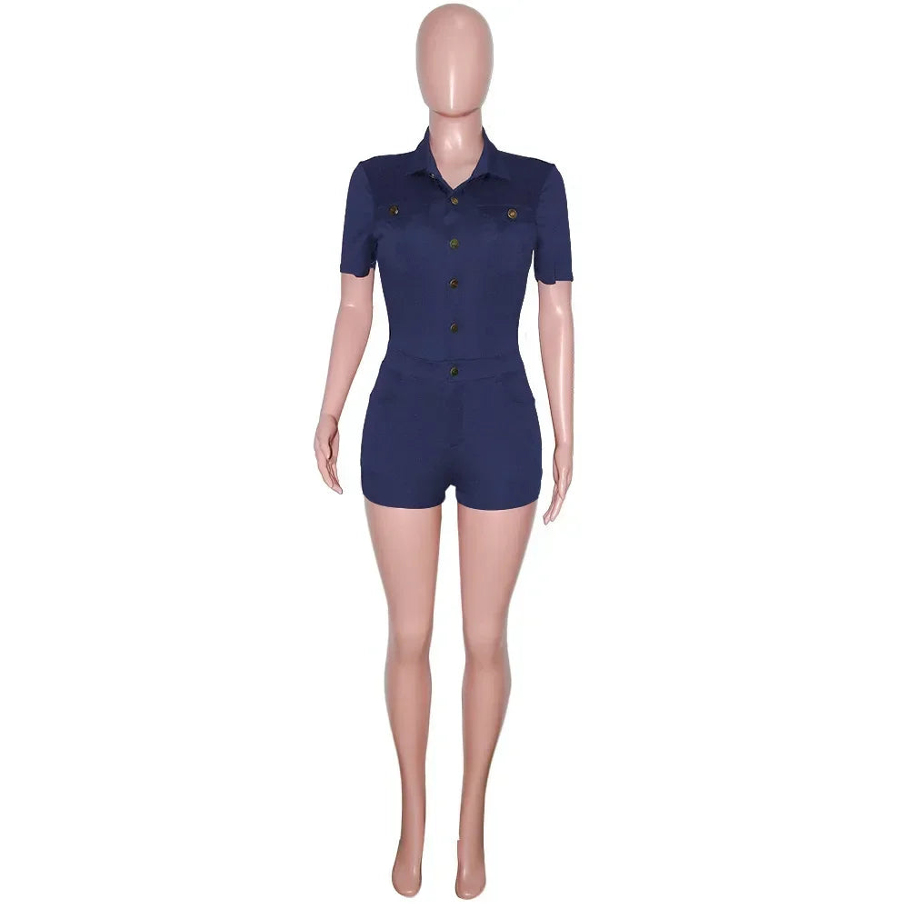 Summer V Neck Mesh Cargo Short Jumpsuit for Women