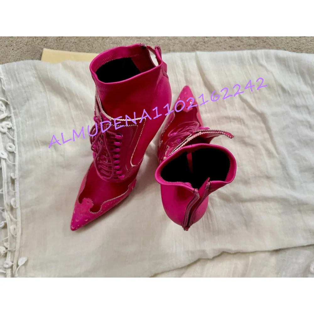 Pink Mesh Pointed Toe Lace Up Stiletto Ankle Boots for Women