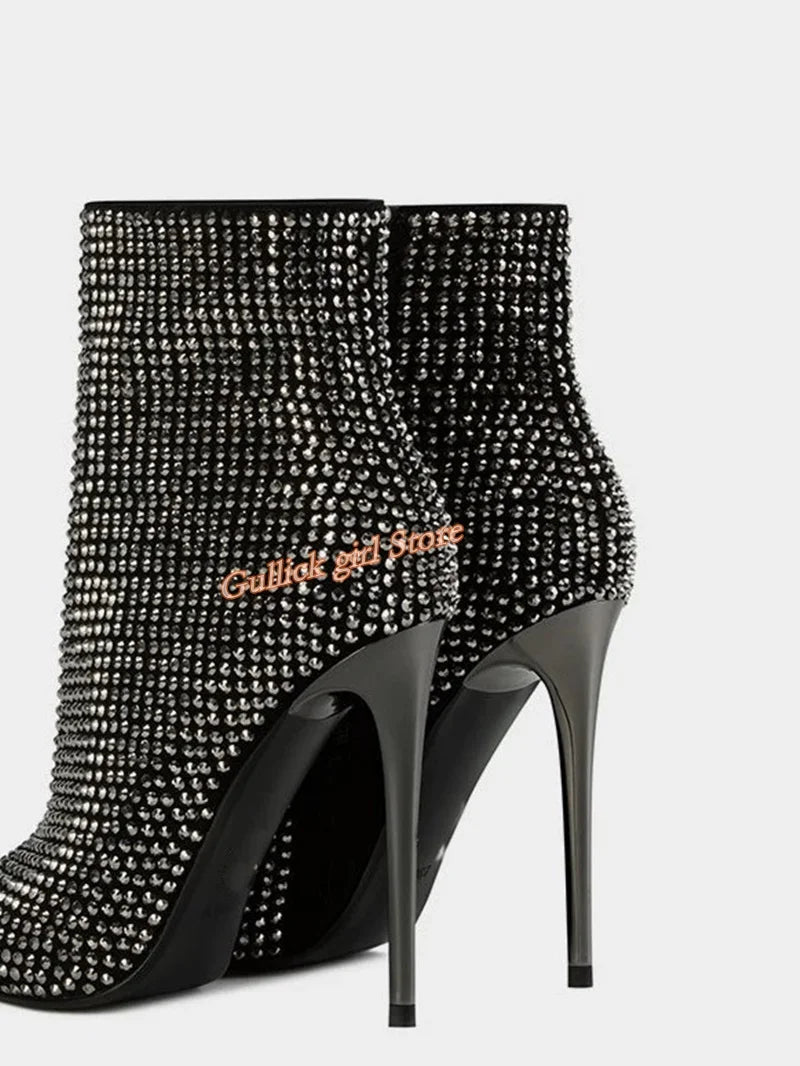 Rhinestone Pointed Toe Stiletto Ankle Boots for Women