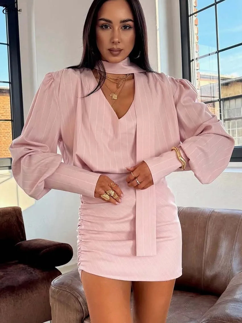 Oymimi Casual Pink 2 Piece Sets Woman Outfits Fashion V-Neck Lace-Up Long Sleeve Blouses And High Waist Slim Mini Skirts Sets