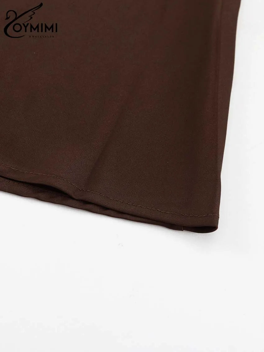 Oymimi Elegant Brown O-Neck Womens Dresses Fashion Short Sleeve Slim Solid Dresses Casual Slim Floor-Length Dress Streetwear