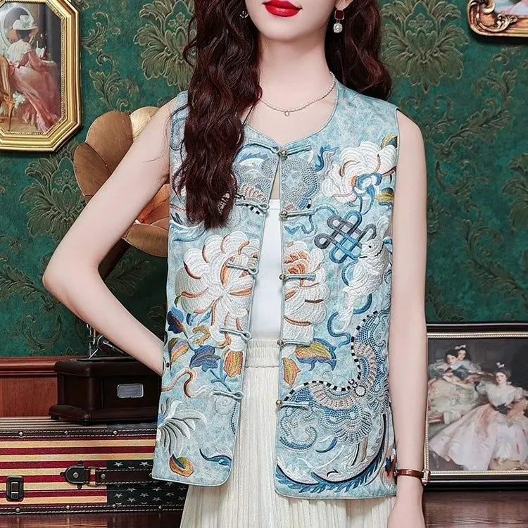 Chinese Style Embroidered Round Neck Sleeveless Vest for Women
