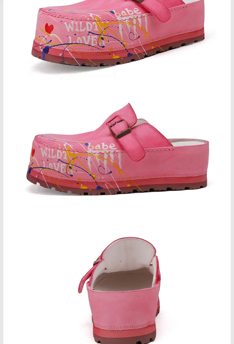 Hand Drawn Leather Platform Slippers with Round Toe for Women
