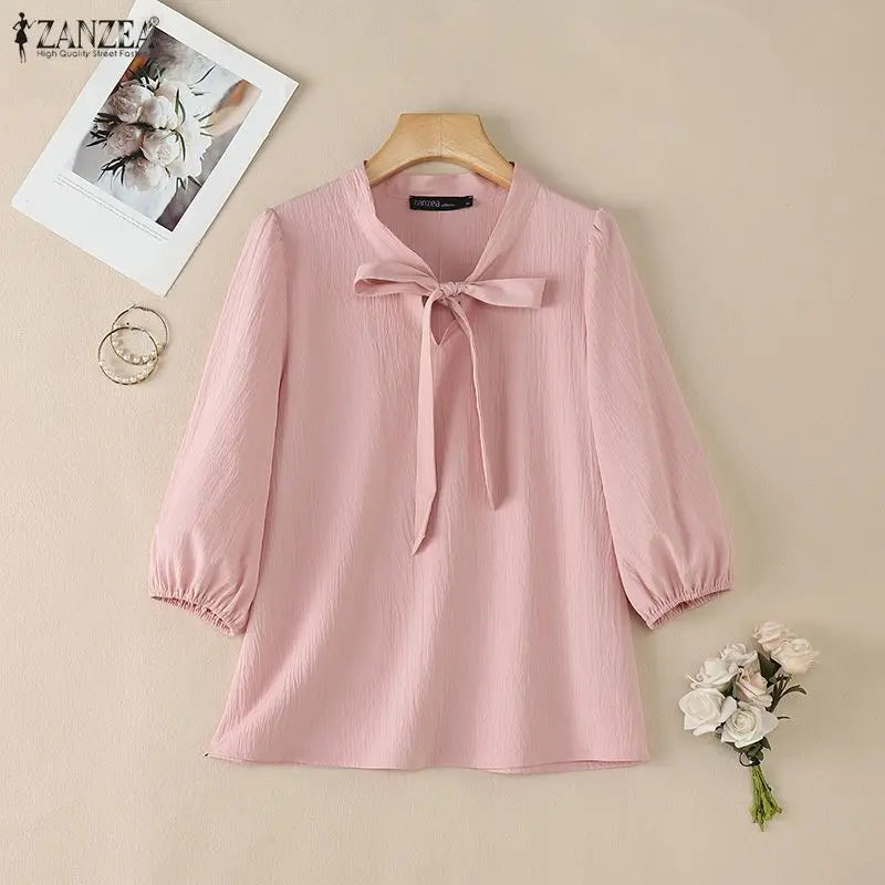Crinkled Bow Tie Neck Puff Sleeve Blouse for Women