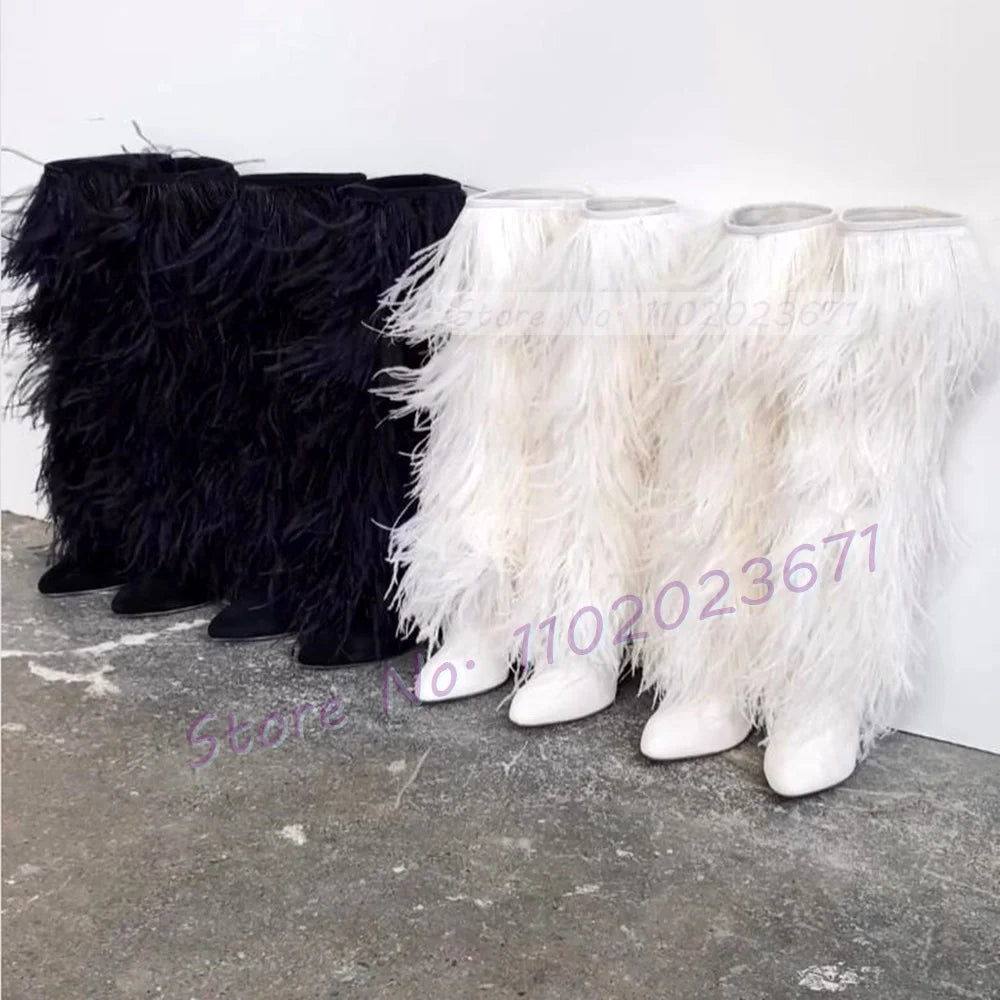 White Feather Pointed Toe Suede Side Zip Boots for Women
