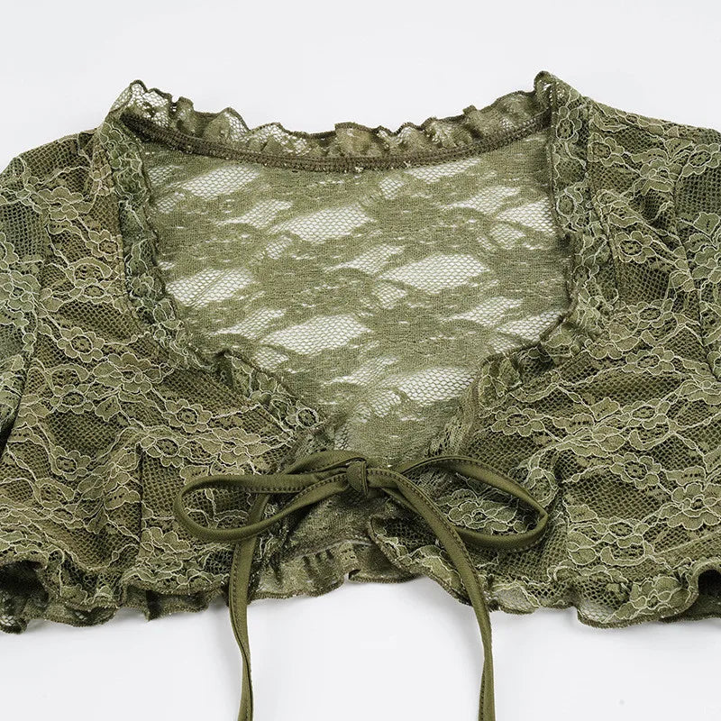 Green Sheer Lace V-Neck Flare Sleeve Top for Women