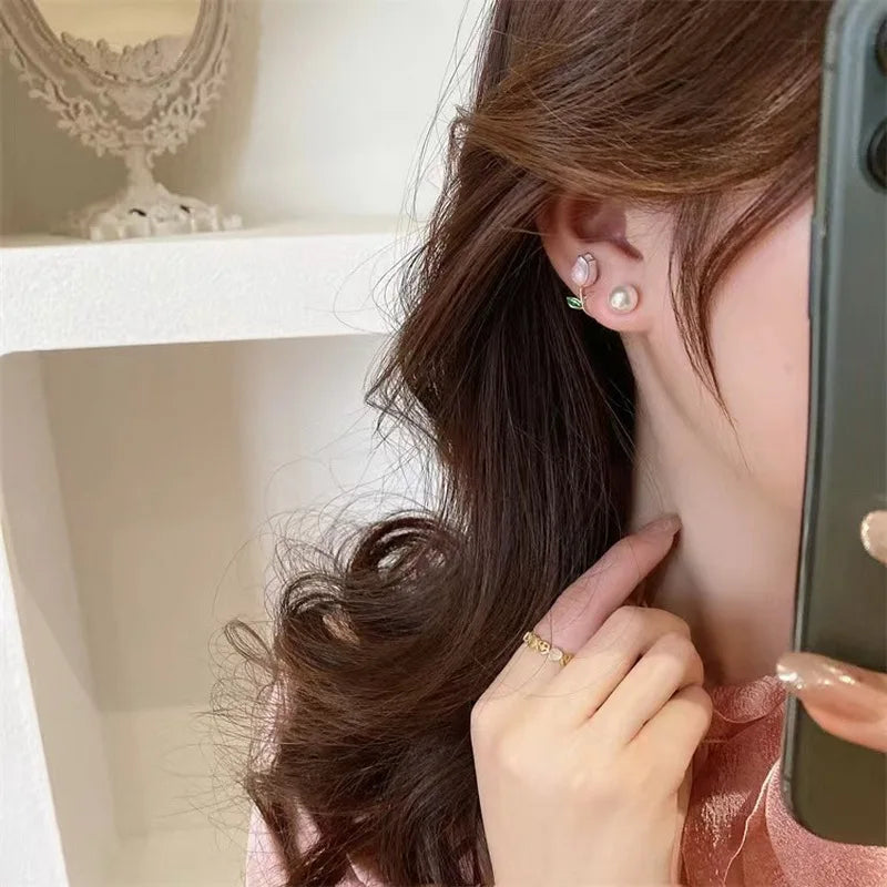 Pearl Tulip Enamel Stud Earrings With Zircon Drops for Women