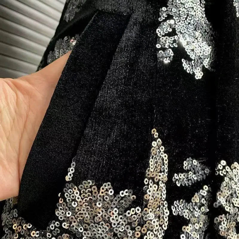 Black Velvet Sequins Windbreaker Coat Autumn/Winter New English style Luxury Sequin Embroidered Women's Coat