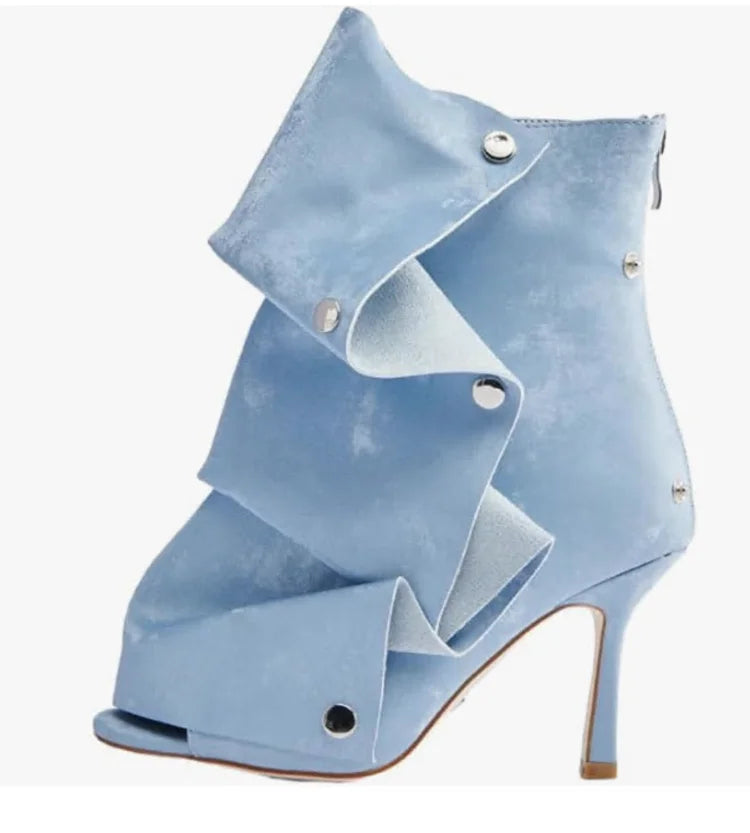 Mid-Calf Open Toe High Heel Pleated Boots for Women