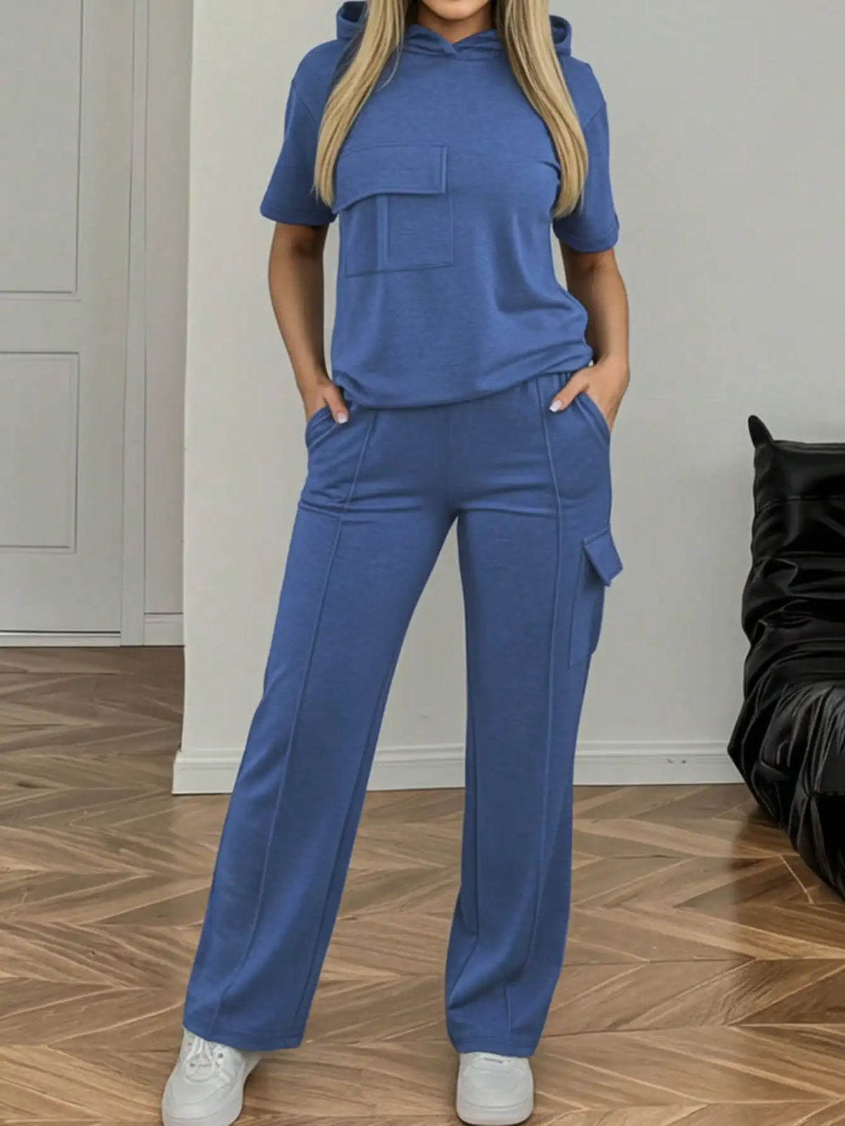 Summer Women's Suit New Style Casual Comfortable Solid Color Hooded Short-Sleeve Top with Versatile Elastic Waist Pocket Straight-Leg Pants Women's Two-Piece Set