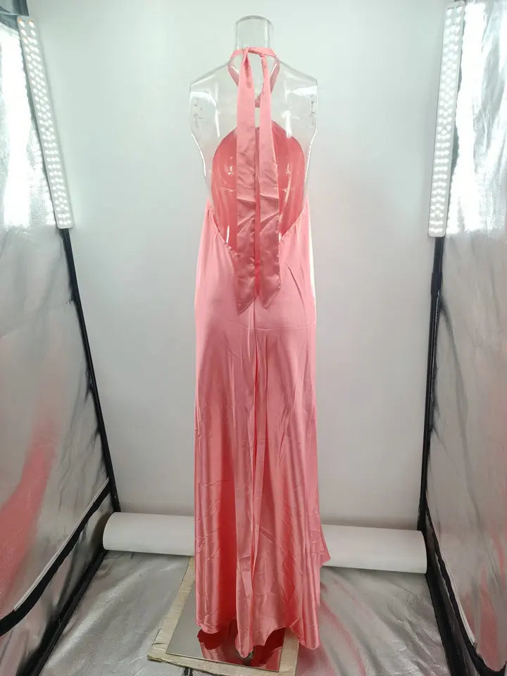 Backless Halter Neck Satin Evening Dress for Women
