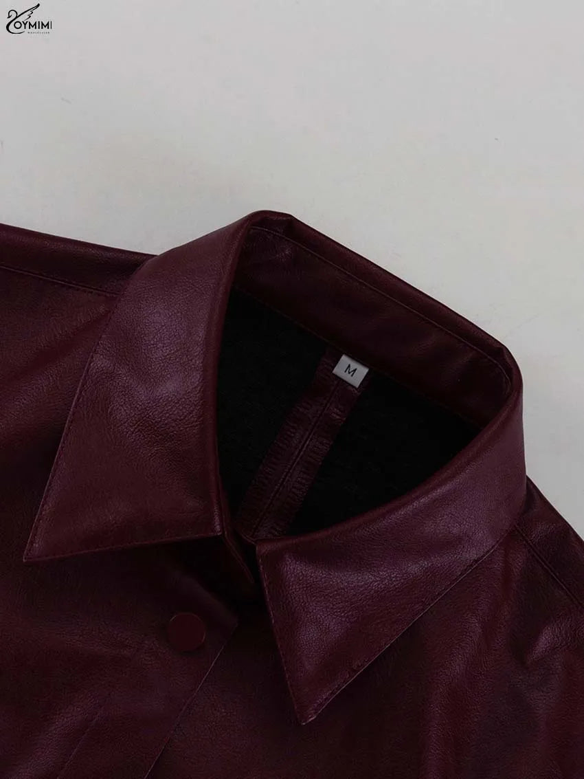 Oymimi Fashion Wine Red Pu Leather Women's Two Pieces Set Elegant Long Sleeve Button Shirts And Spaghetti Strap Mini Dress Sets